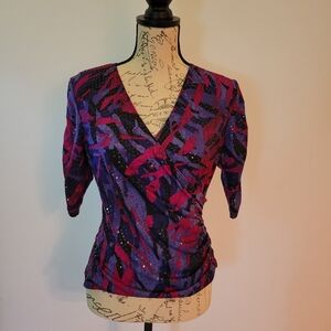 MSK Purple and Fuchsia Abstract Wrap Top